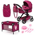 Bayer Design, Xeo Combi, carucior multifunctional pentru papusi, set cu patut pliabil, geanta si accesorii, burgundia