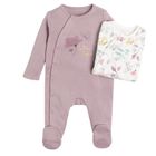 Cool Club, Pijama tip salopeta pentru fete, ecru, violet, imprimeu flori, fluturi, set 2 buc.