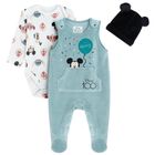 Cool Club, Set pentru baieti, Salopeta cu botosei, Body cu maneca lunga, Caciula, mix, imprimeu Disney