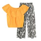 Cool Club, Set pentru fete, bluza cu maneca scurta in stil spaniol si pantaloni din material textil, mix de culori, imprimeu frunze