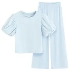 Cool Club, Set pentru fete, Bluza cu maneca scurta, Pantaloni din textil, wide, albastru