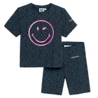Cool Club, Set pentru fete, Tricou, Colanti scurti, din tricot striat, negru, imprimeu SmileWorld