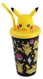 Pokemon, sticla de apa cu pai si figurina 3D, 600 ml
