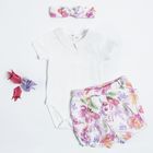 Cool Club, Set pentru fete, Body cu maneca scurta, Pantaloni scurti, Pantaloni scurti salopeta, Bentita, ecru, roz