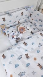 MimiNu, Ursuleti, set lenjerie de pat single, bumbac, albastru, 120-90 cm