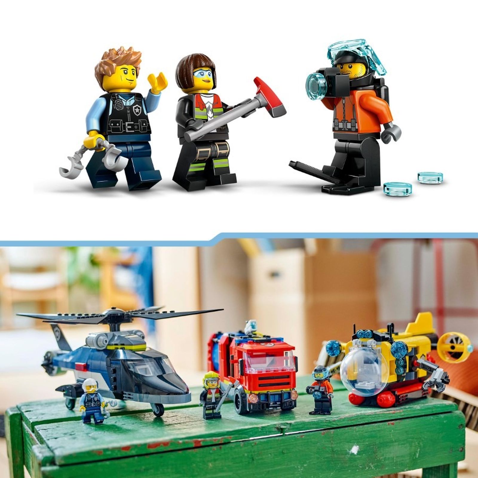 LEGO City, Elicopter, autospeciala de pompieri si submarin in