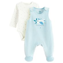 Cool Club, Set pentru baieti, Salopeta cu botosei velur, Body cu maneca lunga, din tricot striat, mix