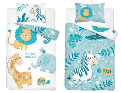 Animale, set lenjerie de pat single, albastru, 100-135 cm