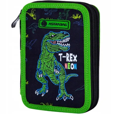 Astrabag, penar cu 2 compartimente, cu rechizite scolare, T-Rex Neon