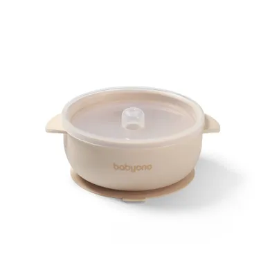 BabyOno, farfurie din silicon cu ventuza si capac, bej