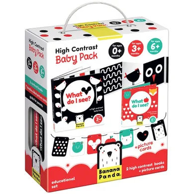 Banana Panda, High Contrast Baby Pack pentru bebelusi de la 0 luni+/3 luni+/6 luni+, set de 2 carti cu contrast, 7 carduri cu imagini cu doua fete si un ghid pentru parinti