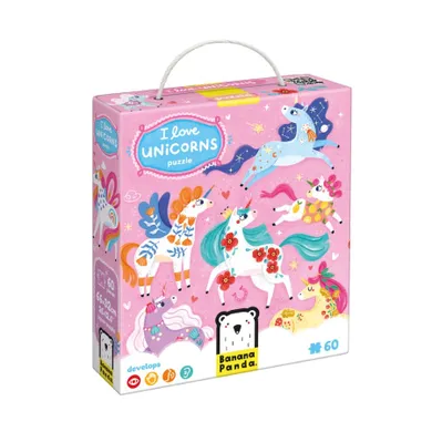 Banana Panda, I Love Puzzle, Unicorni, set de puzzle-uri, pentru varsta de 4+, 60 piese