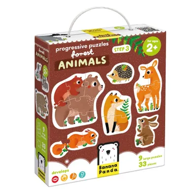 Banana Panda, Progressive Puzzle Animalute din padure, set de puzzle-uri, pentru varsta de 2+, 33 piese