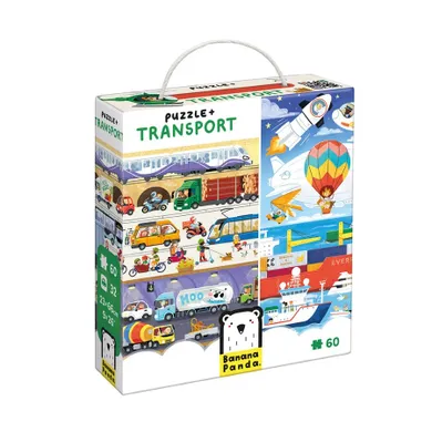 Banana Panda, Puzzle + Transport, set de puzzle-uri, pentru varsta de 4+, 60 piese de puzzle, 32 placute suplimentare