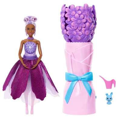 Barbie, Petal Pop, papusa surpriza, floare violeta