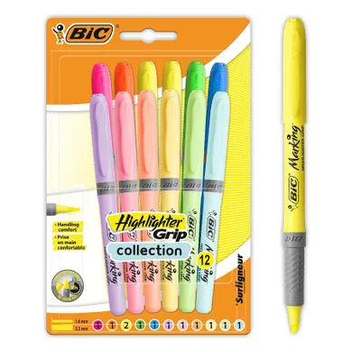 Bic, Highlighter Grip Pastel, marker evidentiator, 12 buc.