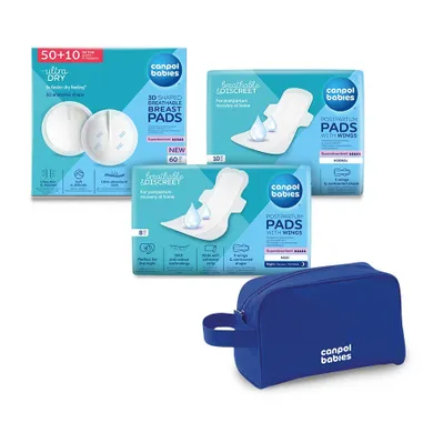 Canpol babies, set de spital pentru mame: absorbante postnatale de zi si noapte + tampoane pentru san + geanta de cosmetice