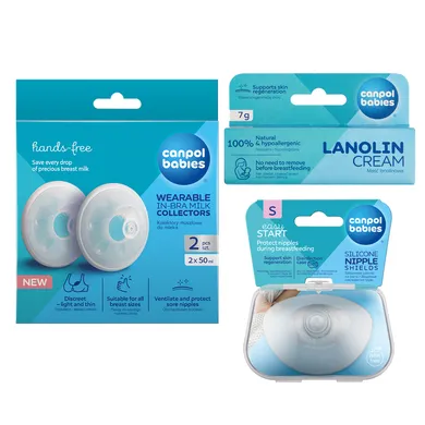 Canpol babies, set de sustinere pentru mamele care alapteaza: cupe colectoare tip scoica, protectii din silicon pentru sani marimea S, unguent cu lanolina