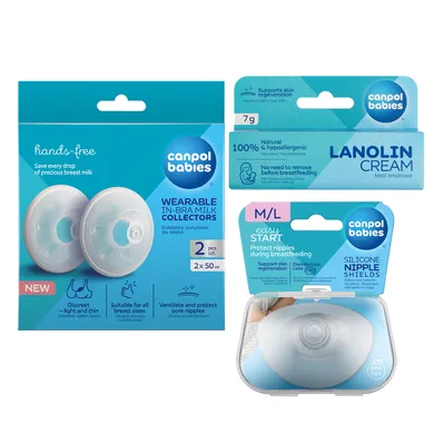 Canpol babies, set de sustinere pentru mamele care alapteaza: cupe colectoare tip scoica, protectii din silicon pentru sani marimile M/L, unguent cu lanolina