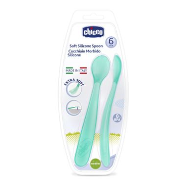 Chicco, lingura moale din silicon, 6 luni+, albastru, 2 buc.