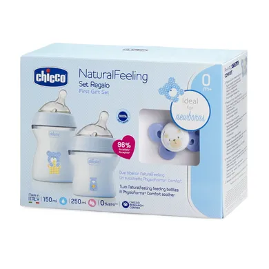 Chicco, NaturalFeeling, set cadou: 2 sticle + tetina, albastru