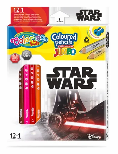 Colorino, Star Wars, Jumbo, creioane colorate, triunghiulare, 12+1 creioane aurii/argintii, ascutitoare