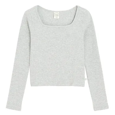 Cool Club, Bluza cu maneca lunga pentru fete, crop top, din tricot striat, gri melanj