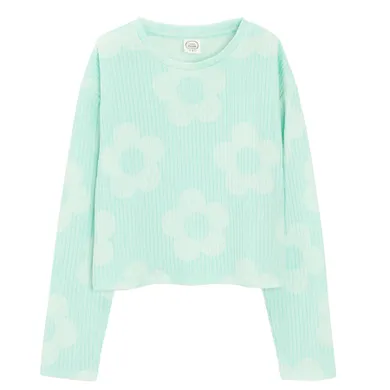 Cool Club, Bluza cu maneca lunga pentru fete, crop top, din tricot striat, menta verde