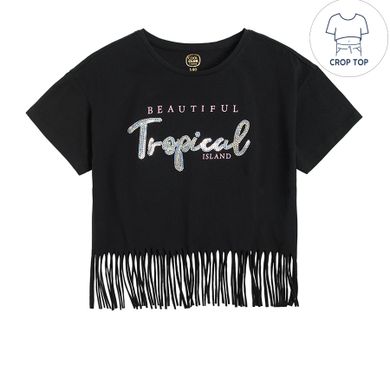 Cool Club, Bluza cu maneca scurta de tip crop top cu franjuri pentru fete, culoare neagra