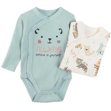 Cool Club, Body cu maneca lunga pentru fete, din tricot striat, ecru, albastru, imprimeu animalute, set 2 buc.