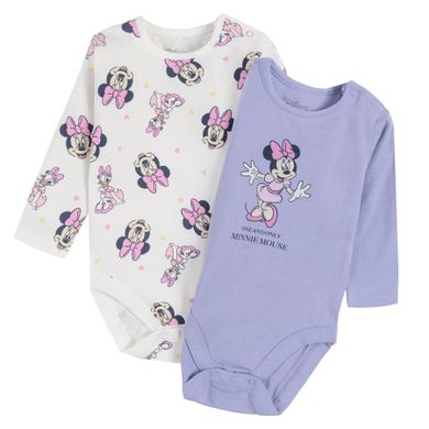 Cool Club, Body cu maneca lunga pentru fete, ecru, violet, imprimeu Minnie Mouse, set 2 buc.