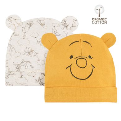 Cool Club, Caciula pentru baieti, bumbac organic, bej melanj, galben, imprimeu Winnie the Pooh, set 2 buc.