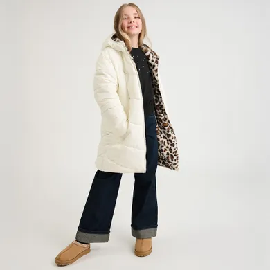 Cool Club, Geaca lunga cu gluga pentru fete, cu doua fete, calduroasa, alb