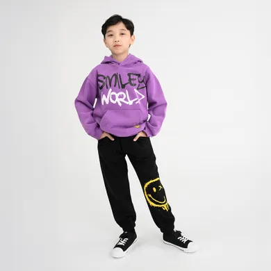 Cool Club, Pantaloni trening pentru baieti, loose fit, negru, imprimeu SmileWorld