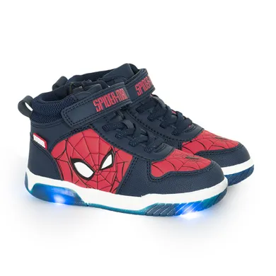 Cool Club, Pantofi pentru baieti, bleumarin, brant din piele, talpa cu leduri, imprimeu Spider-Man