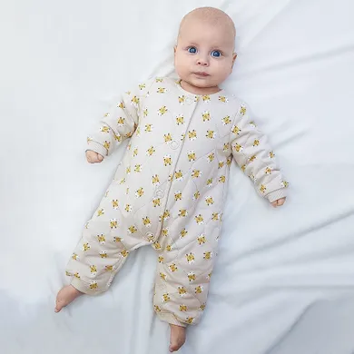 Cool Club, Pijama tip salopeta pentru baieti, bumbac organic, bej, imprimeu Fisher-Price