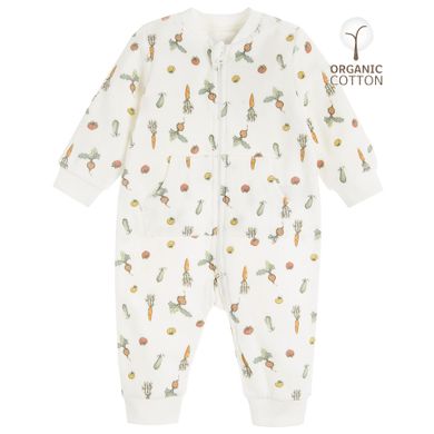 Cool Club, Pijama tip salopeta pentru baieti, bumbac organic, ecru
