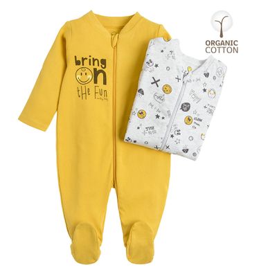 Cool Club, Pijama tip salopeta pentru baieti, bumbac organic, galben, gri, imprimeu Smiley World, set 2 buc.