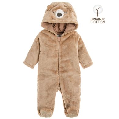 Cool Club, Pijama tip salopeta pentru baieti, bumbac organic, maro, plus, model ursulet