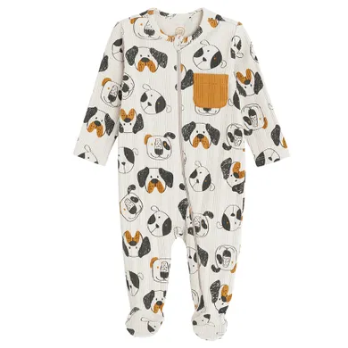 Cool Club, Pijama tip salopeta pentru baieti, din tricot striat, bej