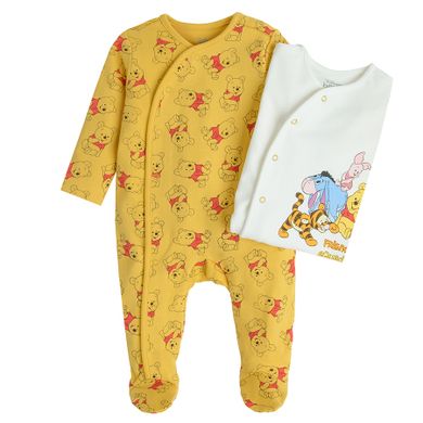 Cool Club, Pijama tip salopeta pentru baieti, ecru, galben, imprimeu Winnie the Pooh, set, 2 buc.