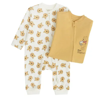 Cool Club, Pijama tip salopeta pentru bebelusi, galben, ecru, imprimeu Winnie the Pooh, set, 2 buc.