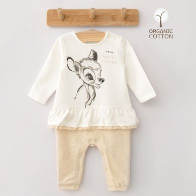 Cool Club, Pijama tip salopeta pentru fete, bumbac organic, ecru, imprimeu Bambi