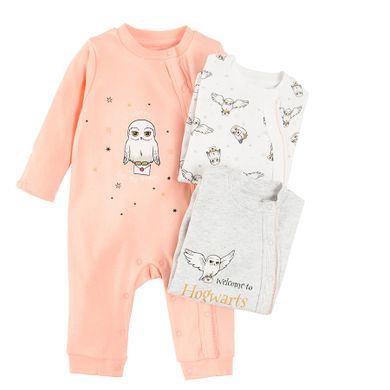 Cool Club, Pijama tip salopeta pentru fete, bumbac organic, mix de culori, imprimeu Harry Potter, set 3 buc.