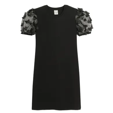 Cool Club, Rochie cu maneca scurta pentru fete, din tricot striat, negru