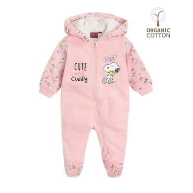 Cool Club, Salopeta cu gluga din bumbac organic pentru fete, culoare roz, imprimeu Snoopy