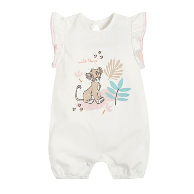 Cool Club, Salopeta rompers alba din bumbac organic pentru fetite, imprimeu Lion King