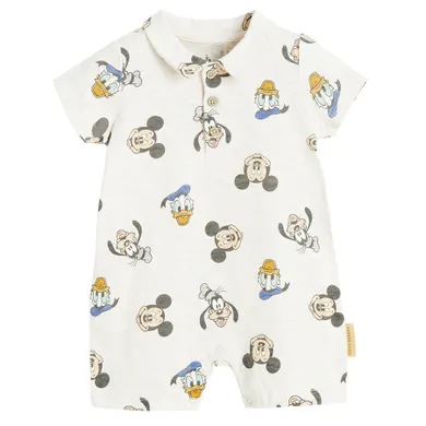 Cool Club, Salopeta rompers pentru baieti, bej, imprimeu Mickey Mouse
