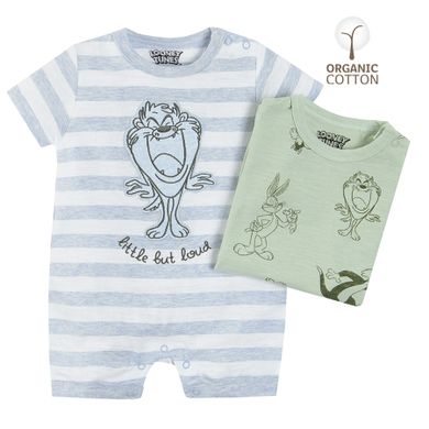 Cool Club, Salopeta Rompers pentru baieti, bumbac organic, albastru, verde, imprimeu Looney Tunes, set 2 buc.