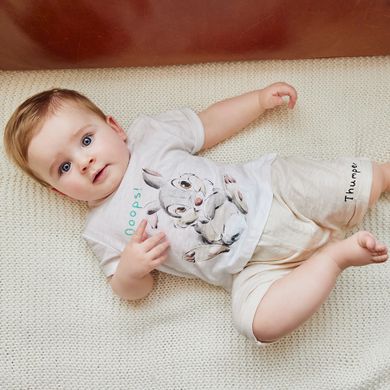 Cool Club, Salopeta rompers pentru baieti, bumbac organic, ecru, imprimeu Disney